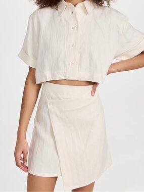 HEVRON Cropped Button-Front Shirt Dress Top in Cream